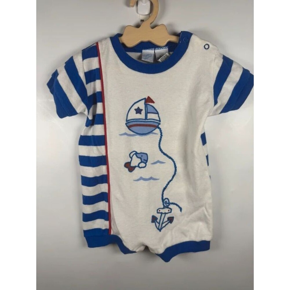 VTG Y2K Little Miracles Baby Boys 6-9 Months Romper Blue White Boat Coastal